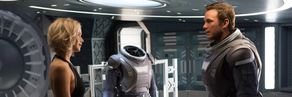 Face à face entre un homme en combinaise d'astronaute et une femme en débardeur noire. Scène du film Passengers.