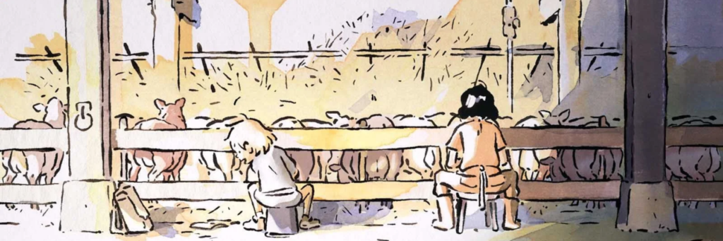 Dessin animé, deux personnes traient des vaches à la main.