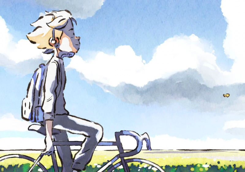 Dessin animé, un garçon est sur un vélo sans se tenir avec les mains